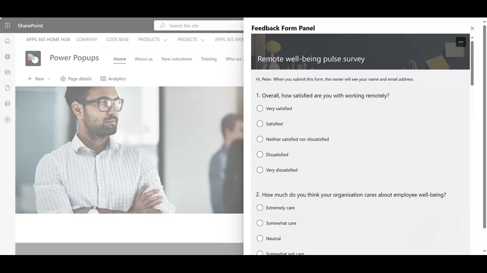 Feedback form panel popup showing a pulse survey in SharePoint