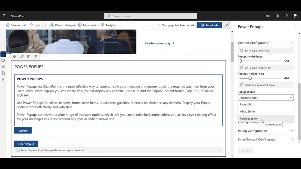 Power Popups web part settings for popup size and rich text content