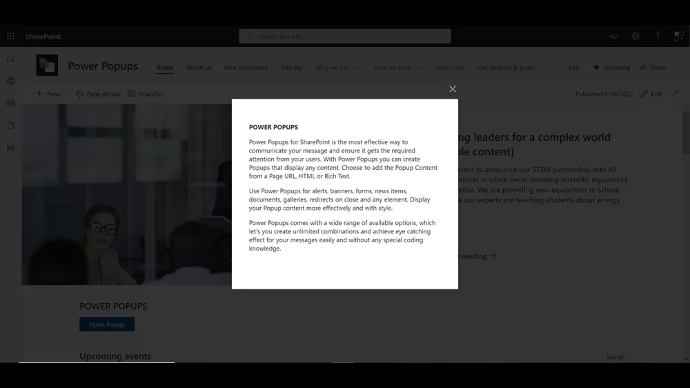 Power Popups popup open over a SharePoint page